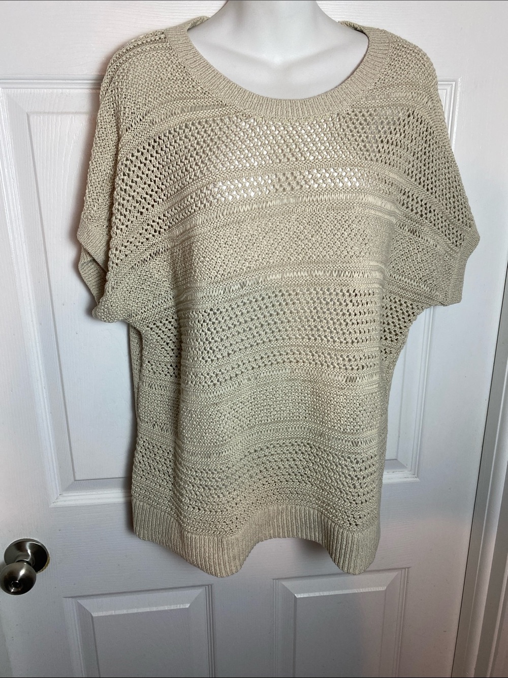 Chico's Cream Open-Knit Short Sleeve Sweater Scoop Neck Size XL